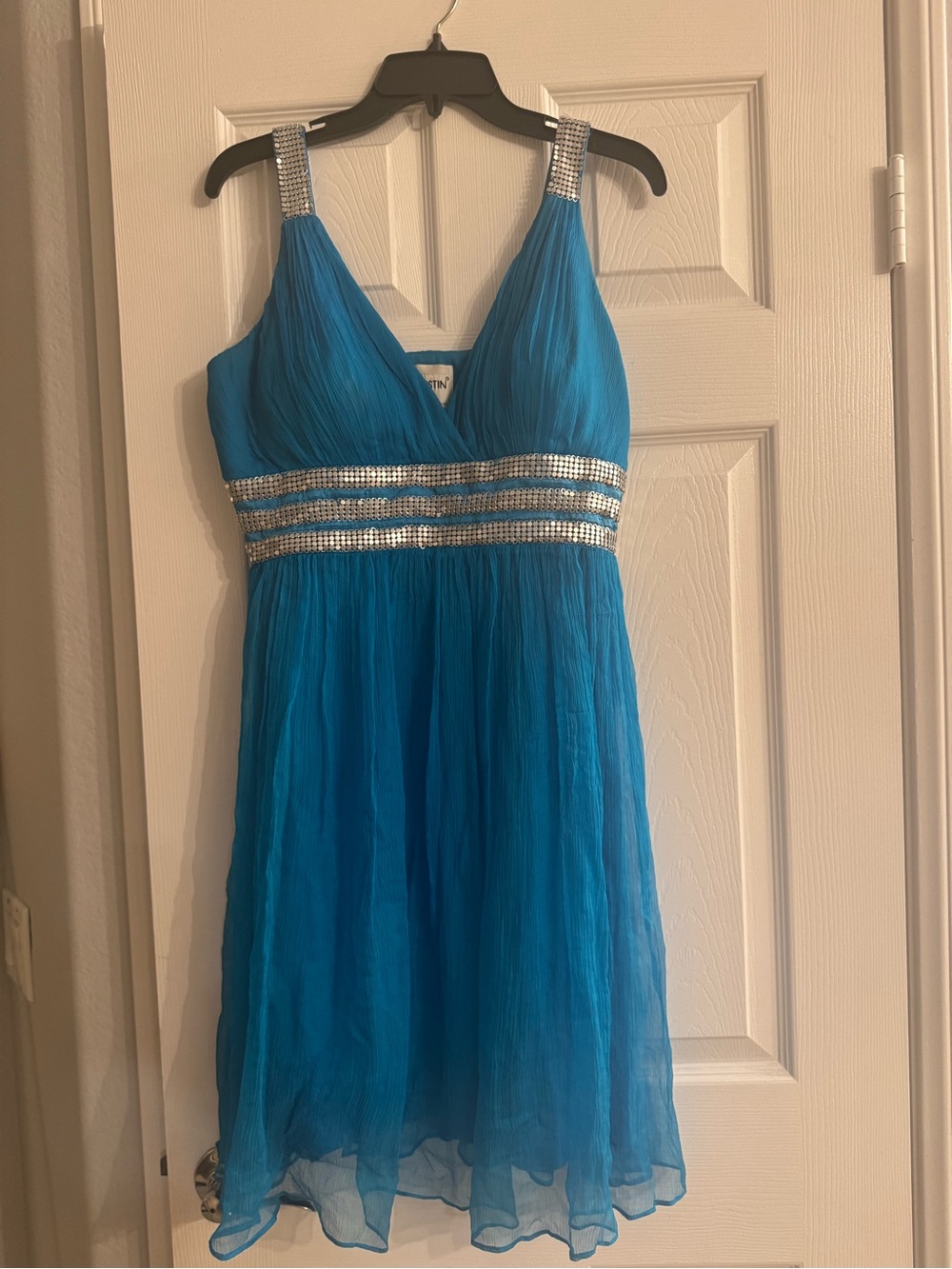 Nina Austin Teal Blue Sleeveless Party Dress with Silver Sequin Bands